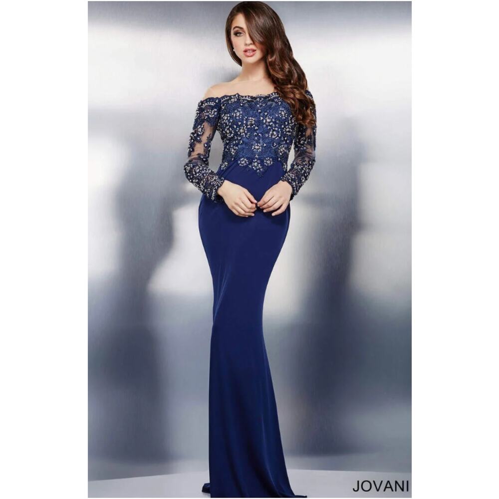 Jovani Evening Gown Dress Womens 12 Navy Blue Lace Beaded Illusion Neck  NWT